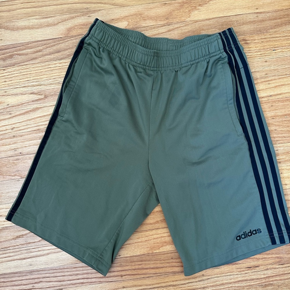 Adidas Men’s Green and Black Shorts with Signature Stripes Medium